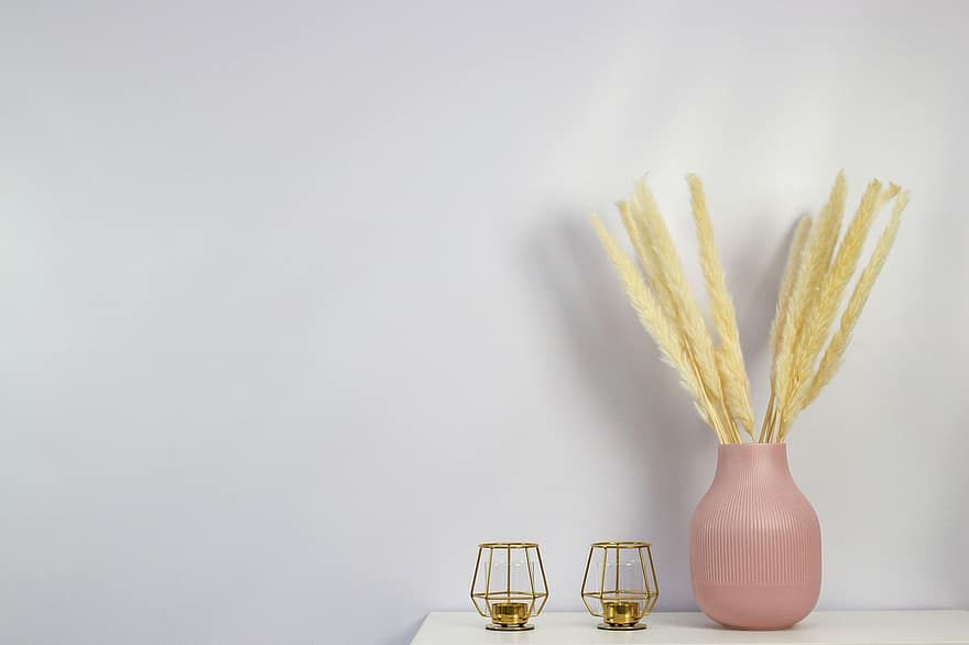 Vase, Pampas Grass, Candlelight, Tea Light, Shelf, table, decoration, wood, design, backgrounds, yellow