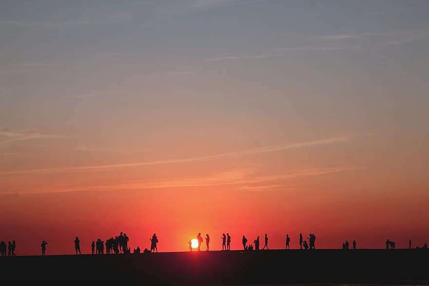 solnedgang, mennesker, gruppe, menneskemængde, panorama, sollys, natur, udendørs