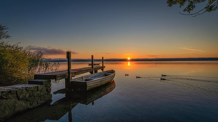 greifensee, Suíça, lago, panorama, natureza, por do sol, banco, barco, patos, manhã, nascer do sol