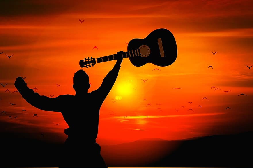 mies, kitara, siluetti, auringonlasku, kitaransoittaja, muusikko, väline