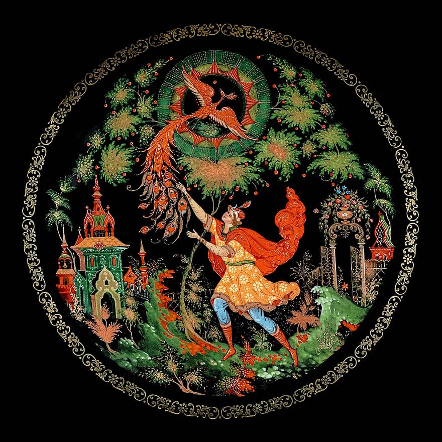 tallerken, maleri, dekorative tallerken, Russiske eventyr, Ivan Tsarevich, historier, Firebird, svart bakgrunn, Palekh, Russland, dekor