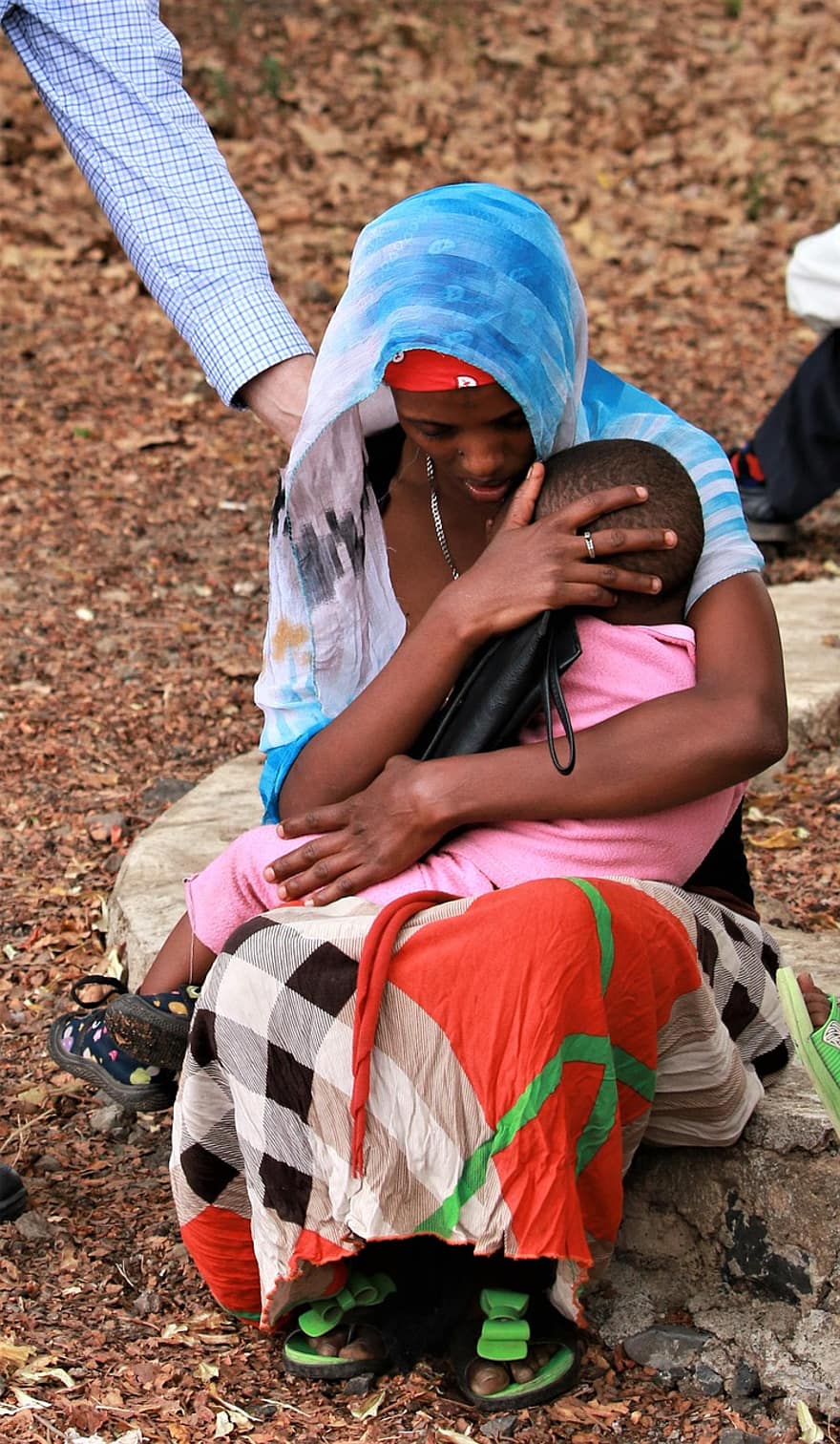 etiopisk, kvinne med barn, familie, mor, barn, forelder, hunn, sammen