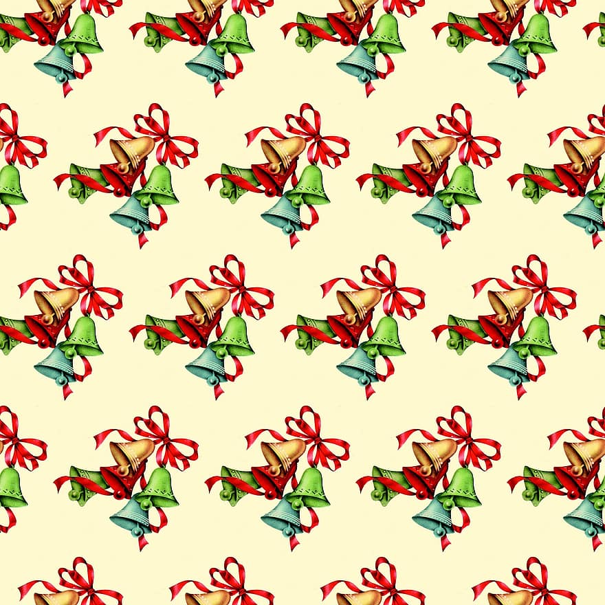 Bells, Retro, Christmas, Paper, Ribbon, Background, Yellow