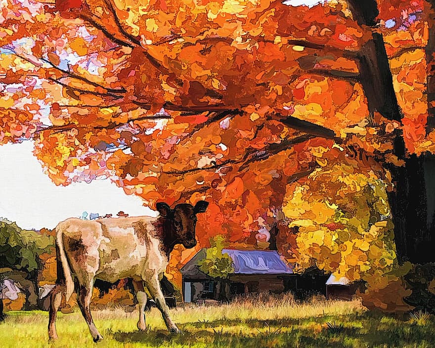 Artwork, Digital Art, Digital Painting, Decoration, Artistic, Backdrop, Colorful, Decor, Farm, Cow, Landscape