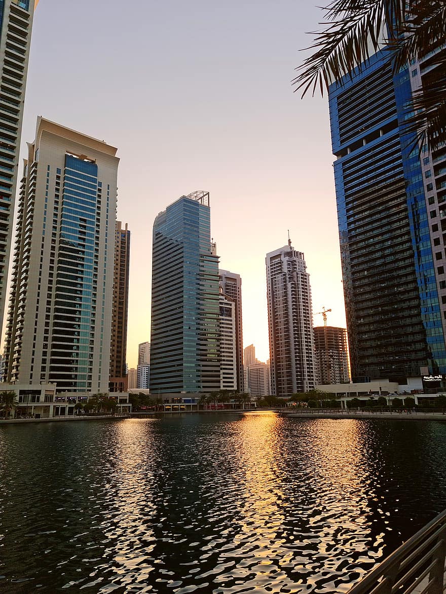 Miasto, Budynki, podróżować, turystyka, architektura, Dubai, Jlt, wieżowiec, pejzaż miejski, zmierzch, zachód słońca