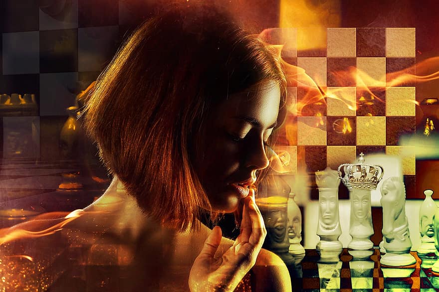 шах, жена, фотомонтаж, игра, стратегия, момиче, женски пол, шахматни фигури, шахматна дъска, кралица