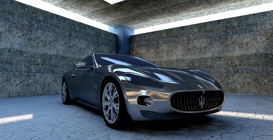 Maserati Gran Turismo, auto, autotalli, urheiluauto, loistoauto, ajoneuvo, Maserati Gt, Maserati, metallinen, pysäköity, betoniseinä