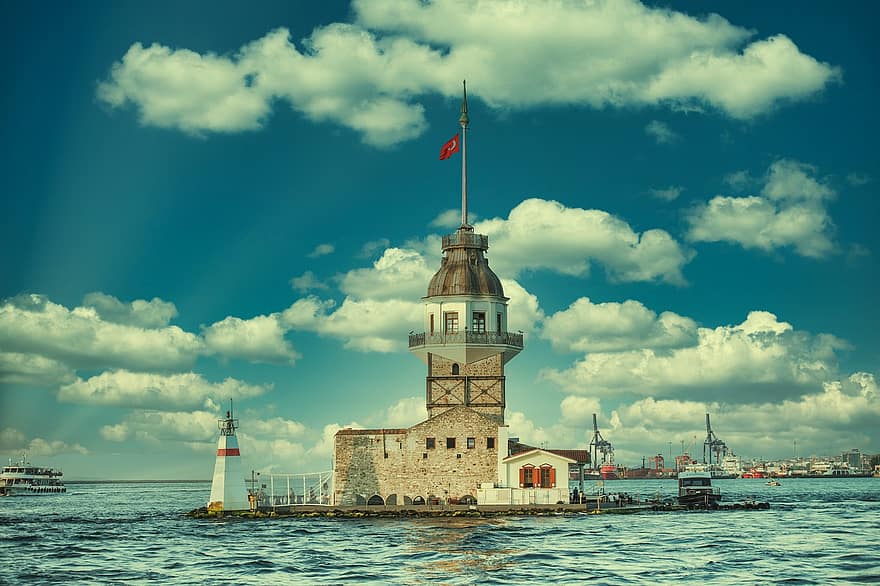 kiz kulesi, torni, salmi, maamerkki, historiallinen, tyttären torni, leanderin torni, luoto, vesi, pilviä, Istanbul