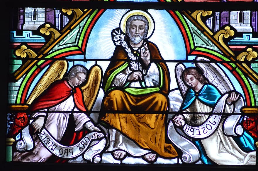 Glasmalerei, Fenster, Kirche, heilig, Mann, Joseph, Engel, Reinheit, Flügel, Banner