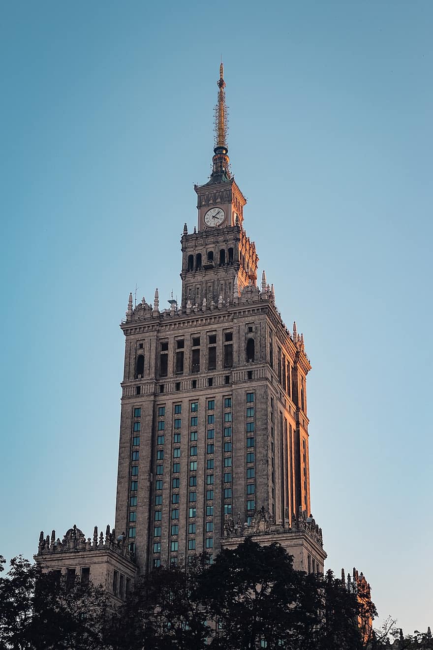 Clock, Warsaw, Building, Museum, Time, Cityscape, Skyscraper, Peace, architecture, famous place, building exterior