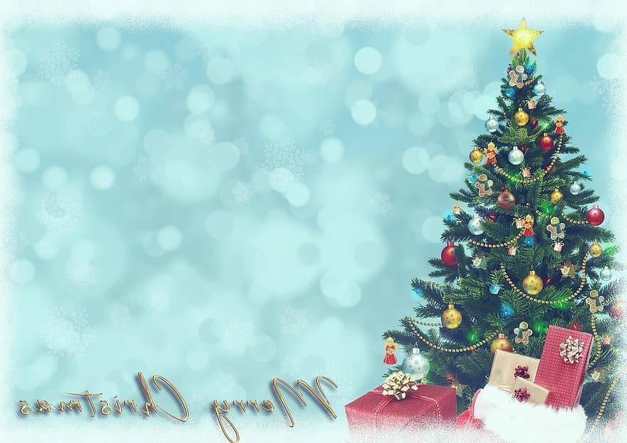 jul, gåvor, julgran, julkort, bokeh, glad, pepparkaka, festlig, tillfälle, kopiera utrymme, dekorerad