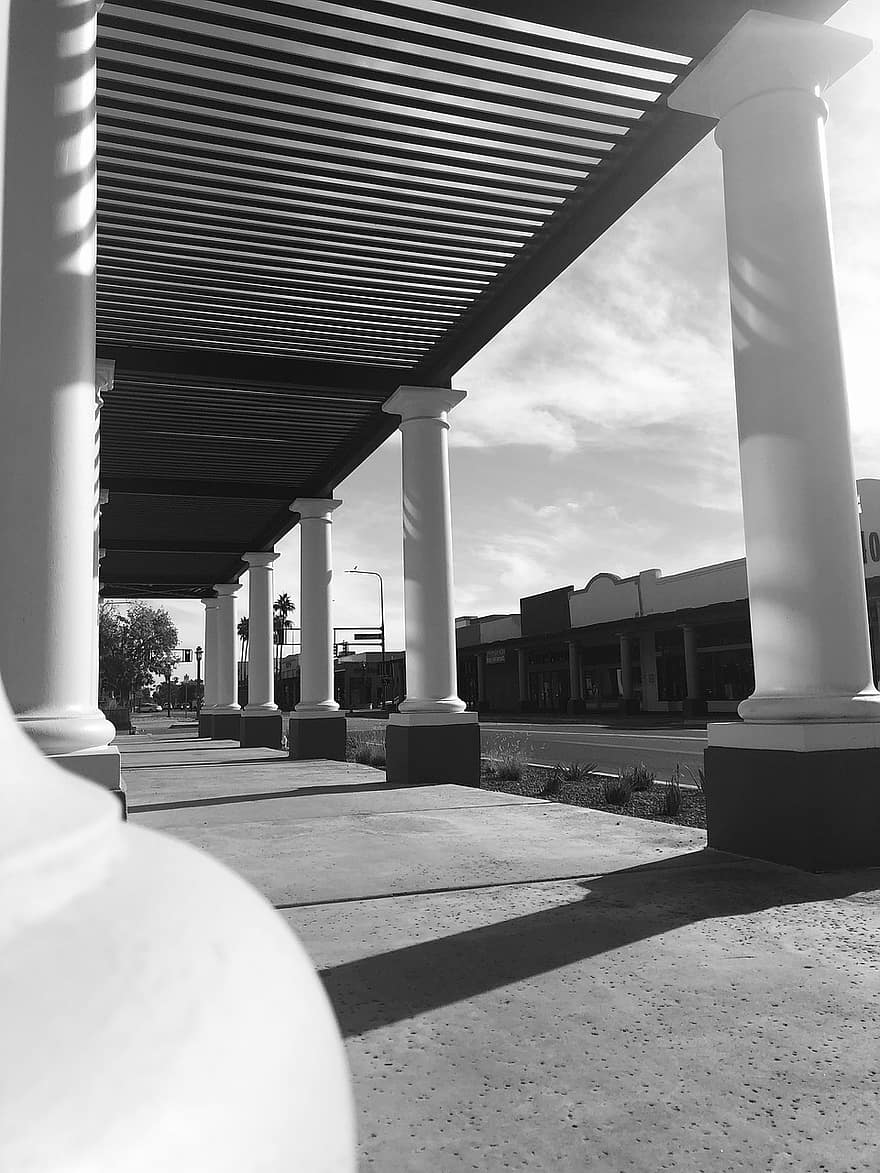 pasarela, columnas, en blanco y negro, edificio, estructura, Garaje de Estacionamiento, al aire libre, céntrico, ciudad, urbano, monocromo