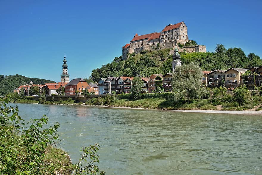 Burghausen, rio, Alemanha, bavaria, panorama, período de férias, arquitetura, lugar famoso, cristandade, religião, verão