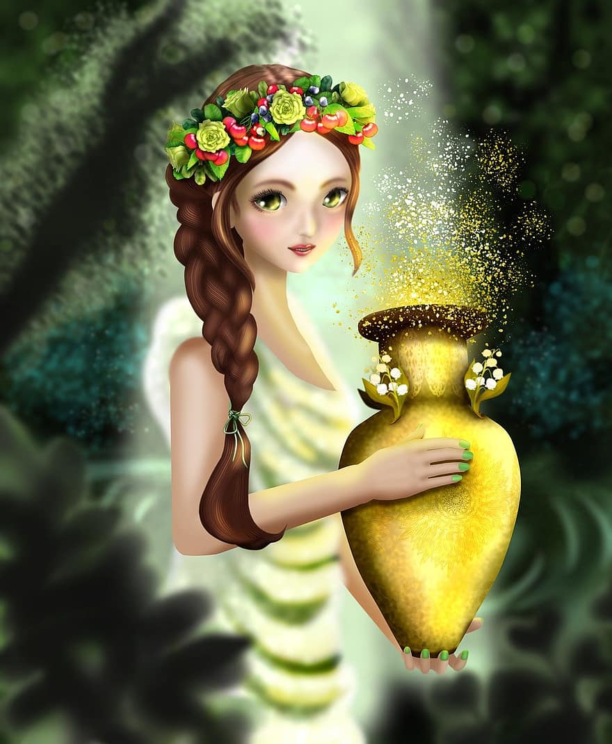 Pandora, Frau, griechische Mythologie, Krug, hoffen, Licht, Wald, Blumenkrone, Kleid, Fantastisch, geheimnisvoll