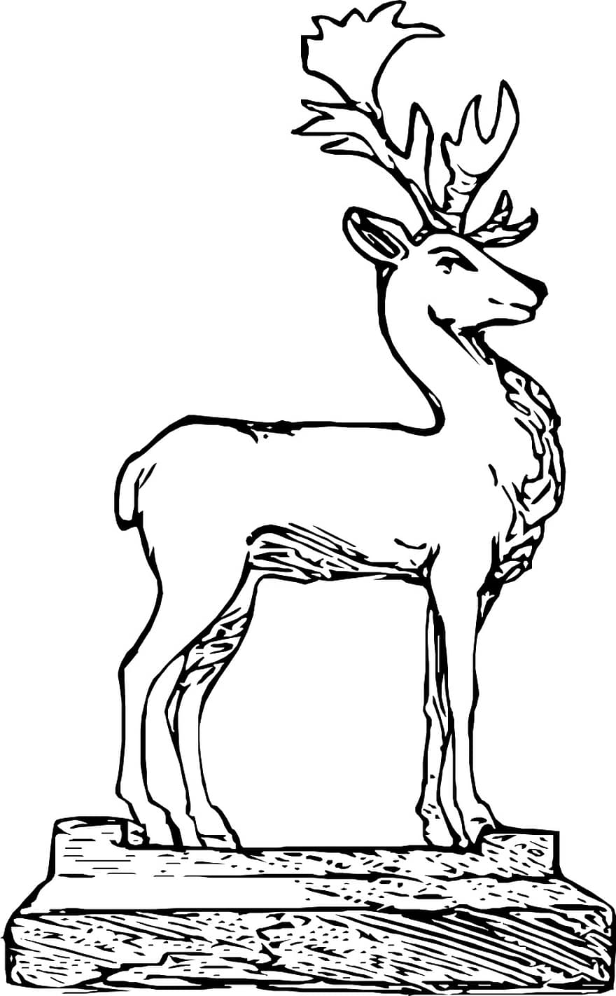 Reindeer, Deer, Stag, Statue, Plinth, Animal, Fur, Decor, Sketch, Drawing, Grand