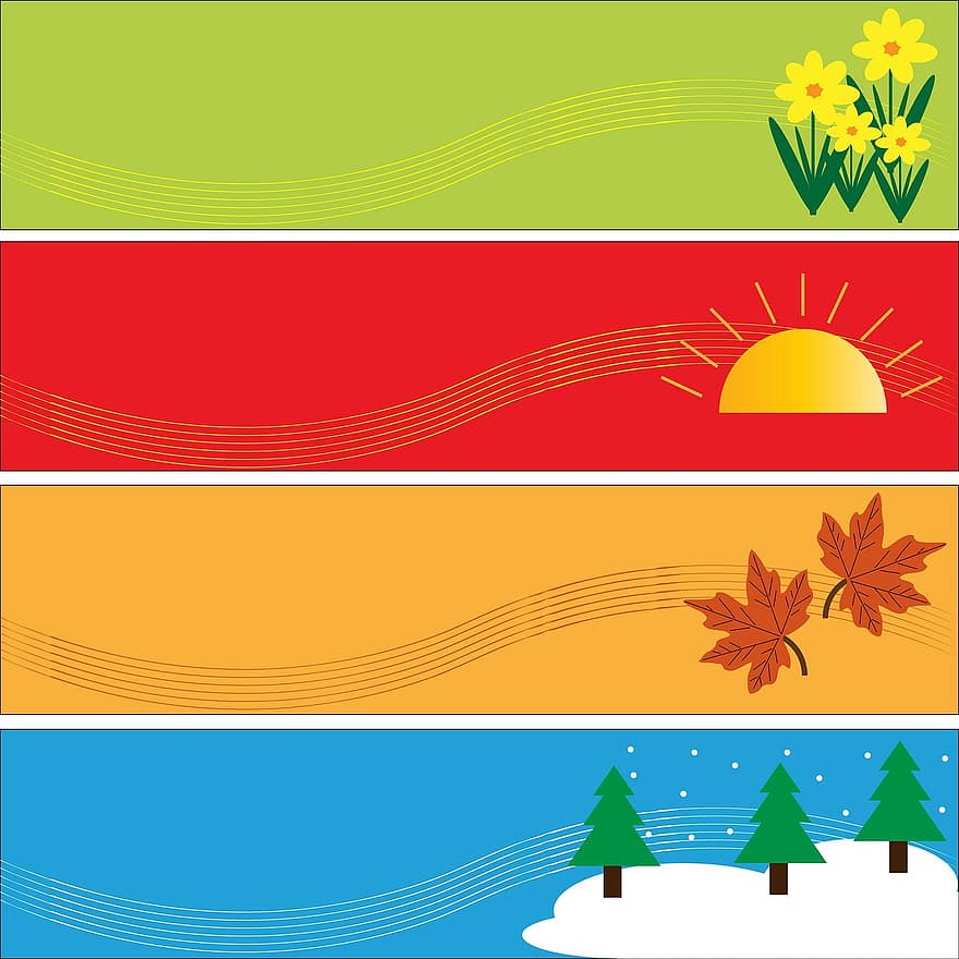 kausi, vuodenajat, kausiluonteinen, lippu, bannerit, värikäs, kevät, kesä, syksy, talvi-, taide