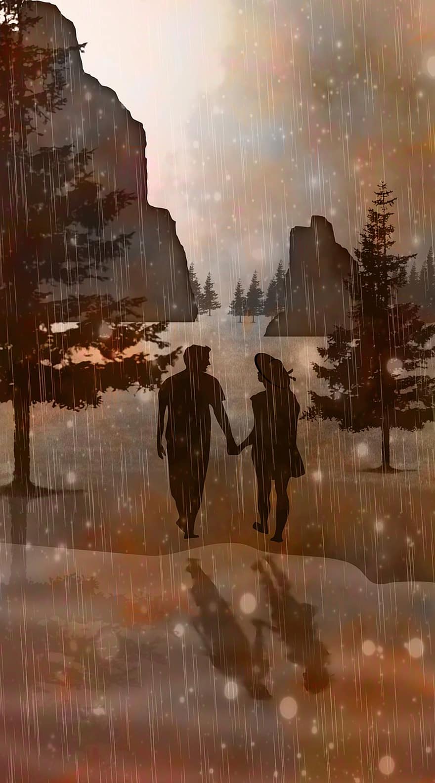 pasangan, cinta, hujan, berjalan, alam, di luar rumah, refleksi, laki-laki, pencakar langit, ilustrasi, Arsitektur