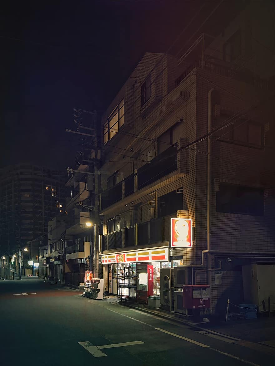 Νύχτα, Τόκιο, Ιαπωνία, αστικός, Παλιά ιδιοκτησία, παλιό κτήριο, σκοτάδι, αυτοκίνητο, ζωή στην πόλη, δομημένη δομή, Μεταφορά