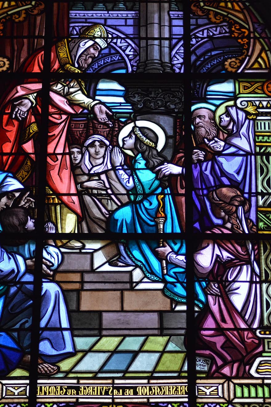vitražas, pristatymas, šventykla, Mergelė Marija, tėvai, Ana ir Joachimas, melskitės, keliai