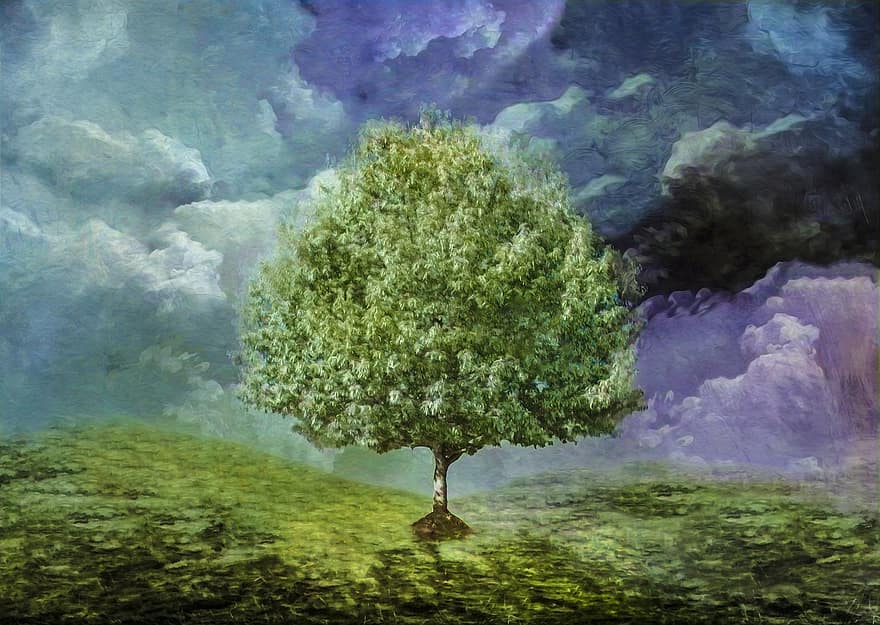 árvore, tempestade, encosta, grama, pintura, Dia da Árvore, nublado, chuva, cena, fantasia