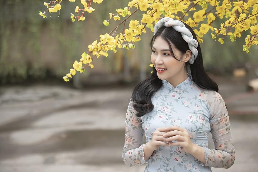 kjole, forår, blomst, vietnamesisk pige, Kvinder, voksen, smilende, en person, skønhed, livsstil, ung voksen