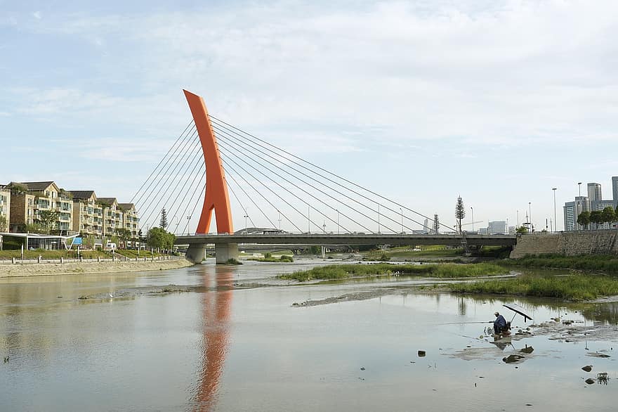 pont, riu, pescar, pont fixat per cable, arquitectura, lloc famós, aigua, paisatge urbà, estructura construïda, industria de la construcció, transport