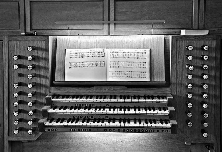kirkeorgan, musikinstrument, musik, organ, instrument, tastatur, nodeblad