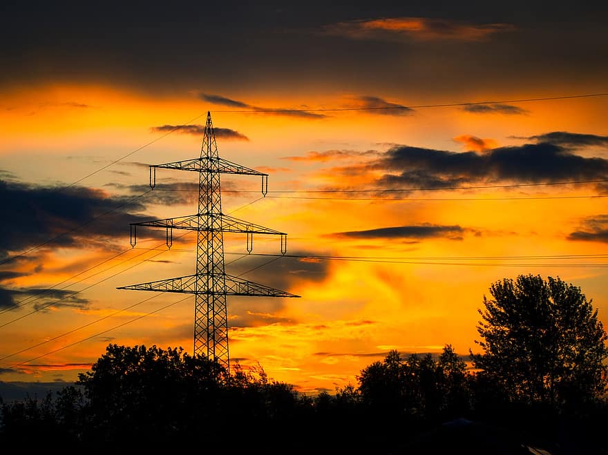 Sunset, Power Line, Transmission Tower