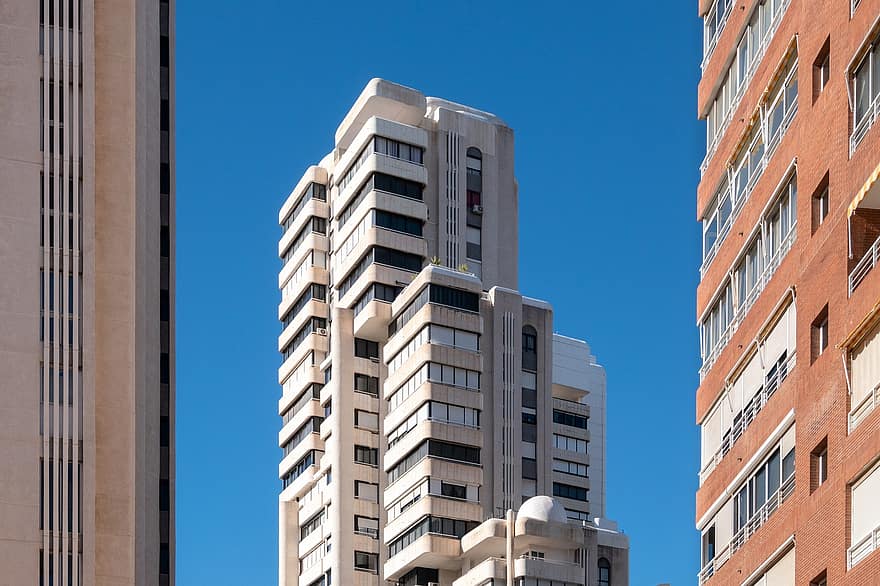 prédios, Benidorm, Espanha, arquitetura, cidade, paisagem urbana, exterior do edifício, estrutura construída, arranha-céu, azul, janela
