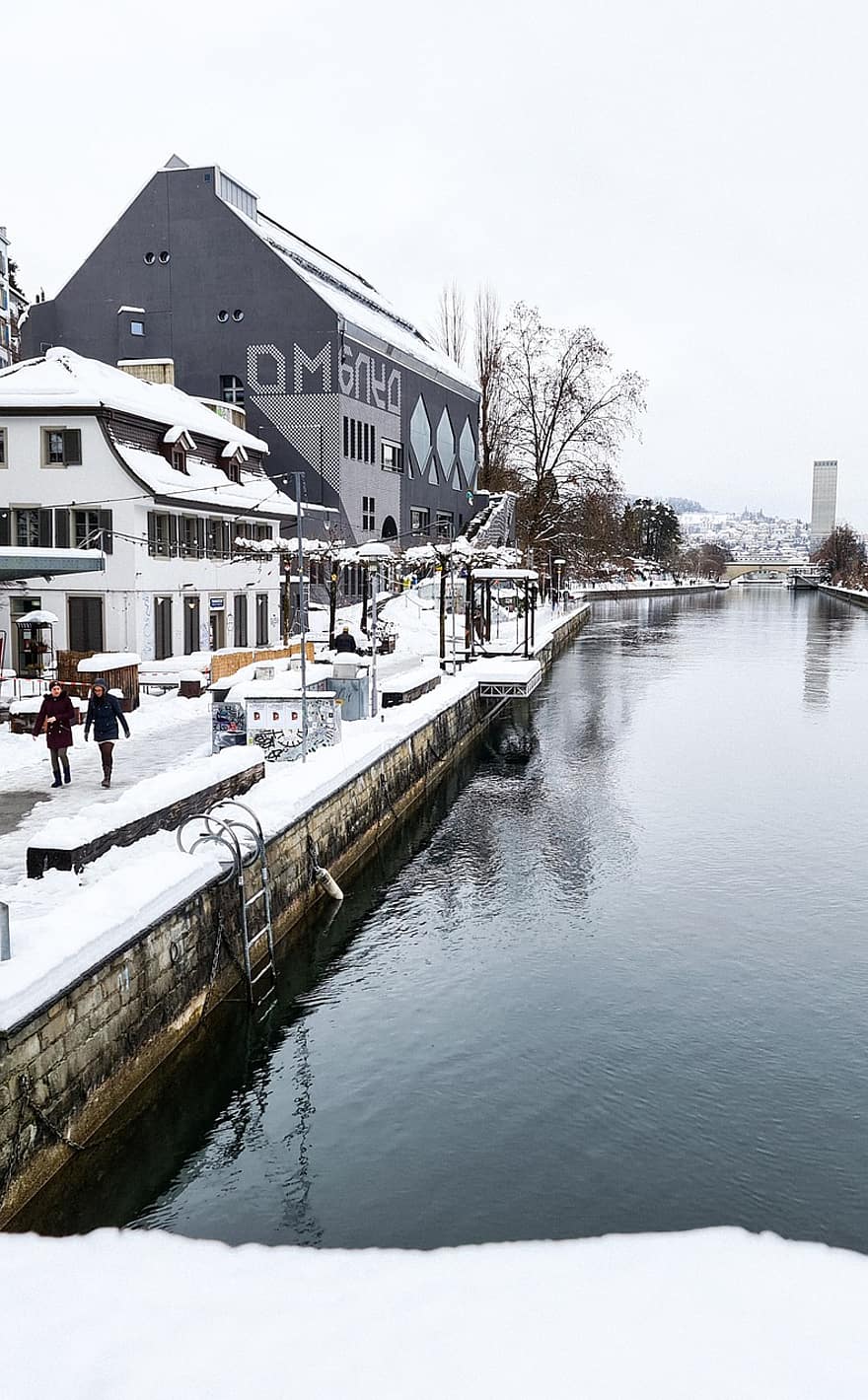 Snow, River, Buildings, Riverside, Couple, Walking, Winter Clothing, Winter Clothes, Snowy, Wintry, Hoarfrost