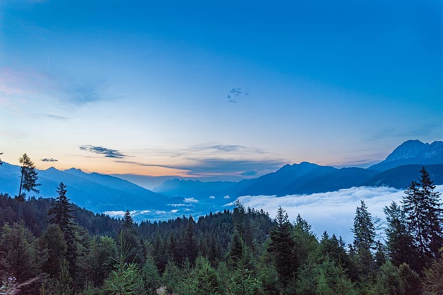 kalnai, pobūdį, saulėlydis, kraštovaizdį, peizažas, Austrijoje, aukščiausiojo lygio susitikime, debesys, miškas, medžiai, Alpės