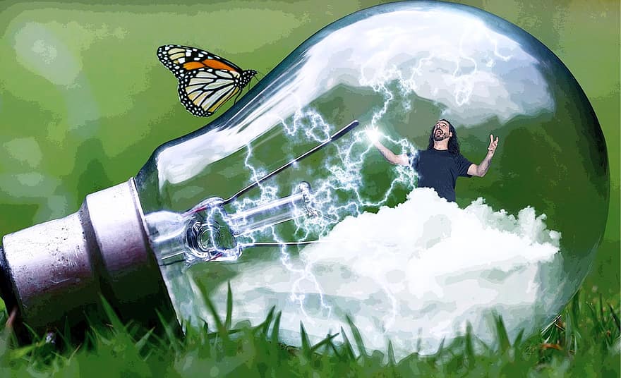 Lamp, Man, Funny, God, Clouds, Lightning, Thunderbolt, Electricity, Green, Butterfly, Imagination