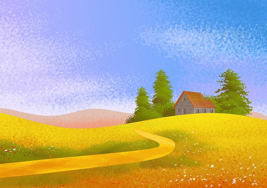 ilustración, paisaje, fondo, naturaleza, prado, otoño, camino, casa, arboles, horizonte, escénico