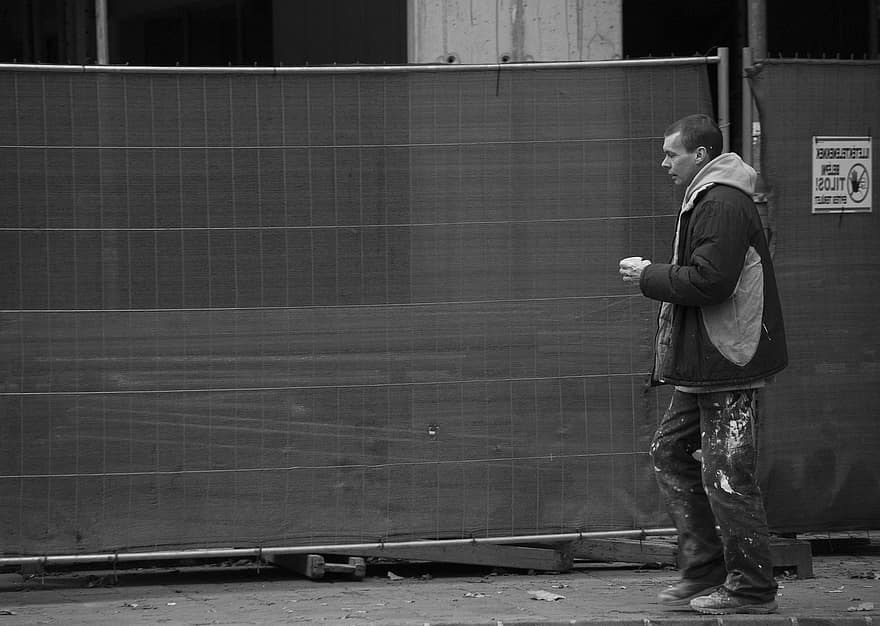 Monochrome, Man, Street, Worker, Male, Road, Urban, men, one person, black and white, adult