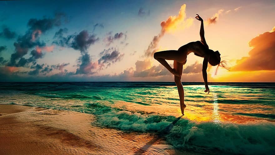 deja, lēkt, joga, saulrieta, siluets, sieviete, meitene, līdzsvaru, apmācību, vasarā, jūra