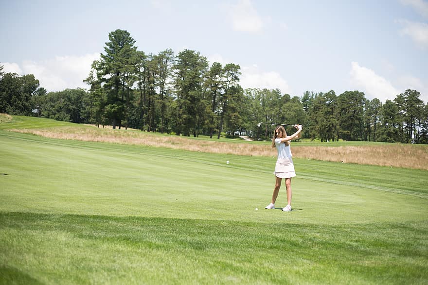 女性、ゴルファー、ゴルフ、人、スポーツ、屋外の、クラブ、遊ぶ、余暇、夏、コース