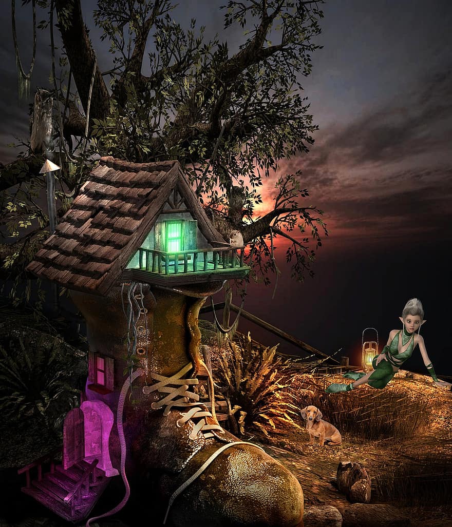 Background, Forest, Shoe House, Elf, Dog, night, tree, dark, dusk, halloween, spooky