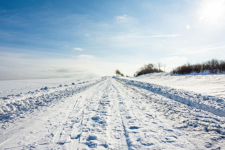 ceļš, sniegs, sala, pēdas, auksts, saule, saldēti, debesis, saules gaisma, ziemas, ledus