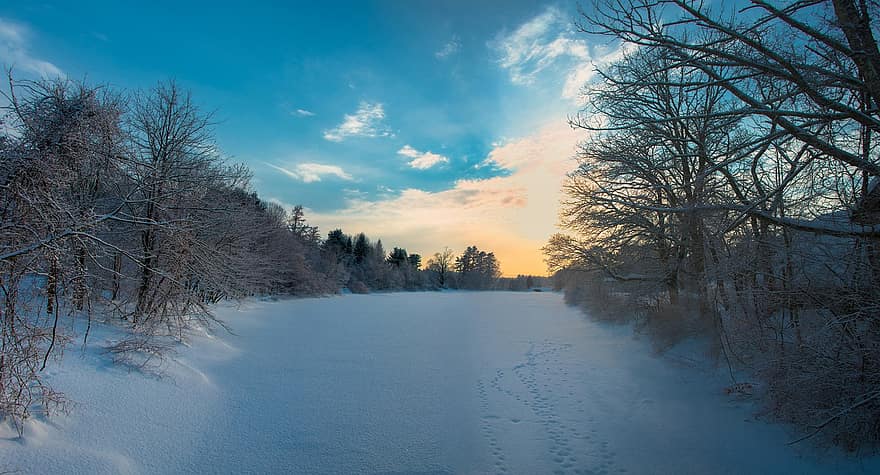 Snow, Frozen, River, Lake, Sunset, Trees, Forest, Winterscape, Snowscape, Hoarfrost, Nature