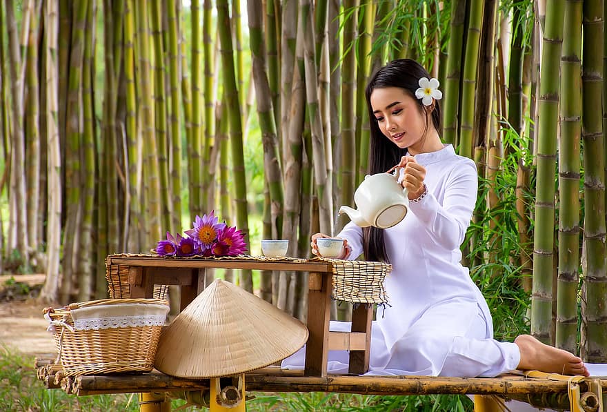 Myanmar, femme, thé, en plein air, portrait, bambou