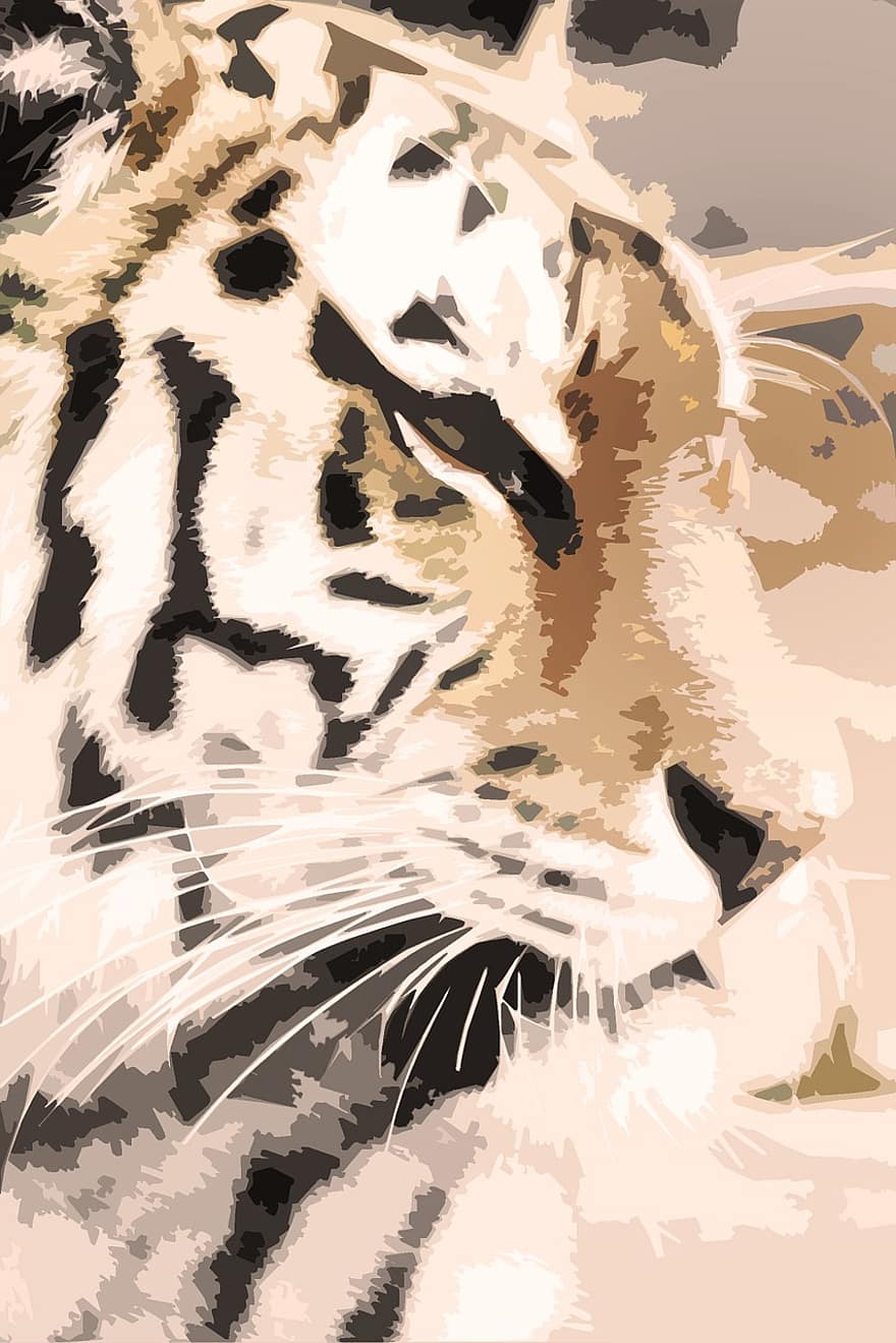 тигр, звір, великий кіт, смугастий, вуса, хижак, мирний, лицьова, állatportré, ілюстрації, цифрове мистецтво