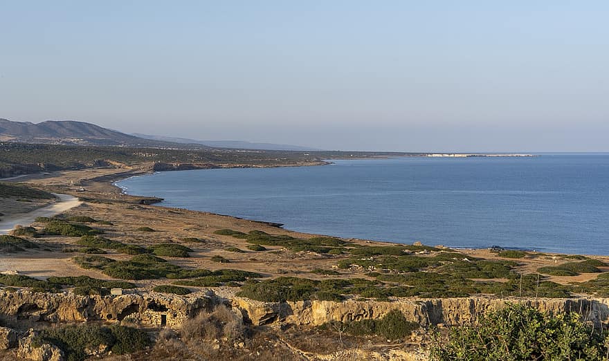 costa, montagne, colline, paesaggio marino, arbusti, Cipro, paphos, Akamas, paesaggio