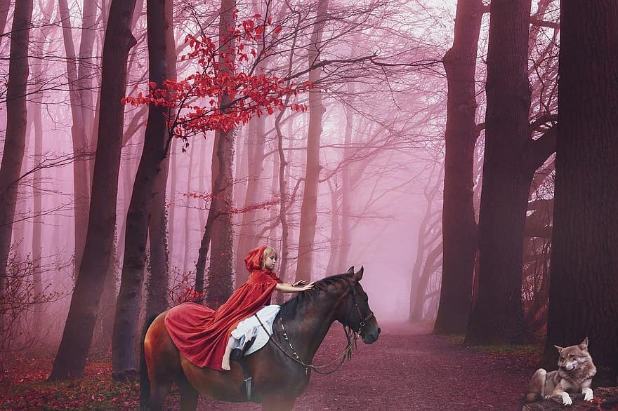 фантазія, ліс, казка, вовк, кінь, жінка, дерево, жінки, осінь, сільська сцена, дорослий
