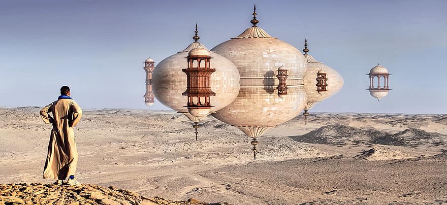 Fantasy, Architecture, Surreal, Mood, Desert, Mosque, Sky, Light, Flying Object, Magical, Human