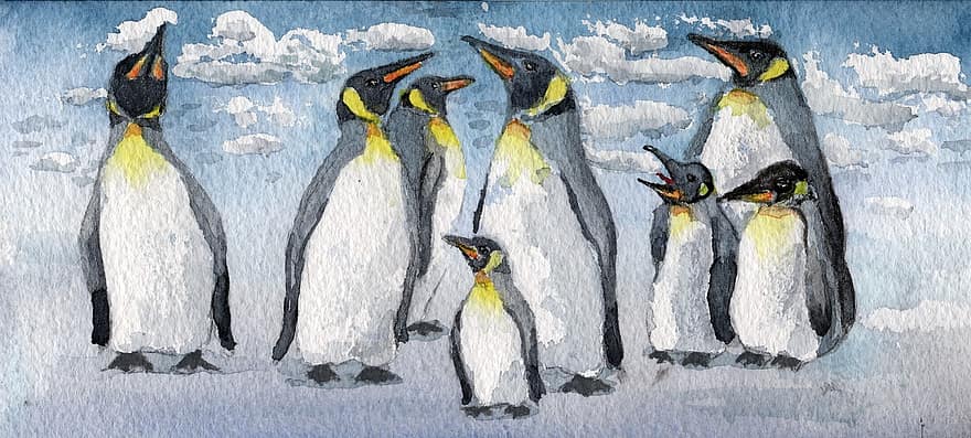 Watercolour, Emperor Penguins, Birds