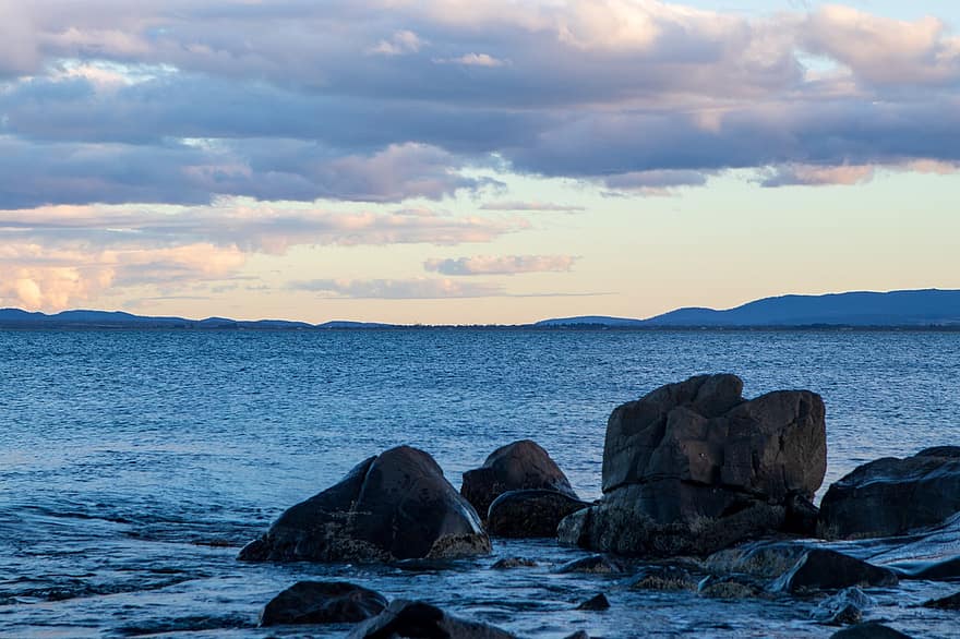 costa, rocas, puesta de sol, mar, agua, tasmania, paisaje, ola, azul, rock, línea costera