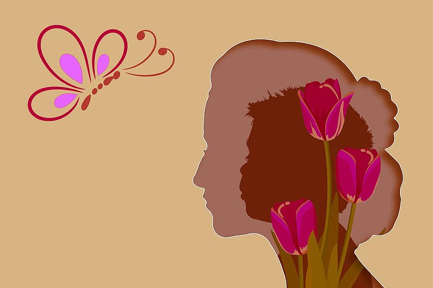 mãe, criança, flores, borboleta, fundo, tulipas, filho, dia das Mães, desenhar