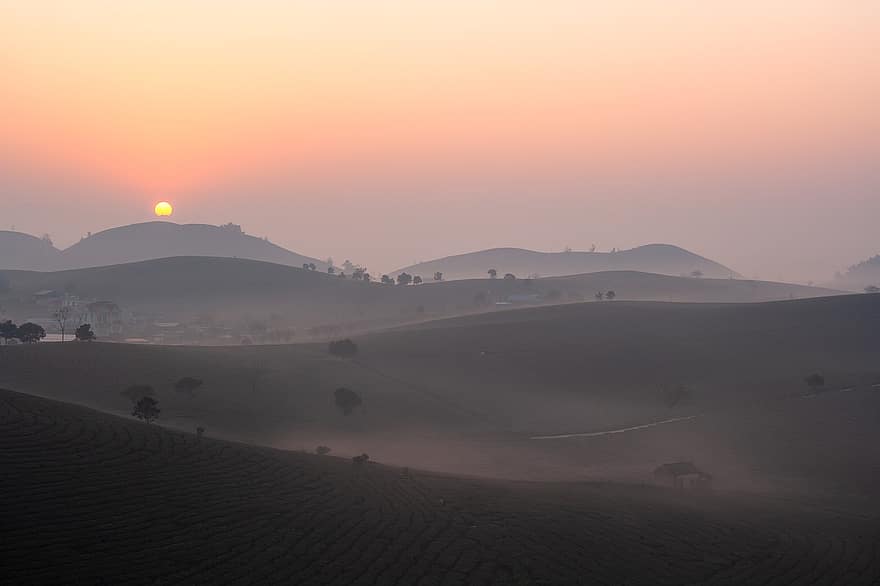 hegyek, Napkelte, köd, napnyugta, Foggy Hills, reggel köd, hajnal, dombok, Vietnam