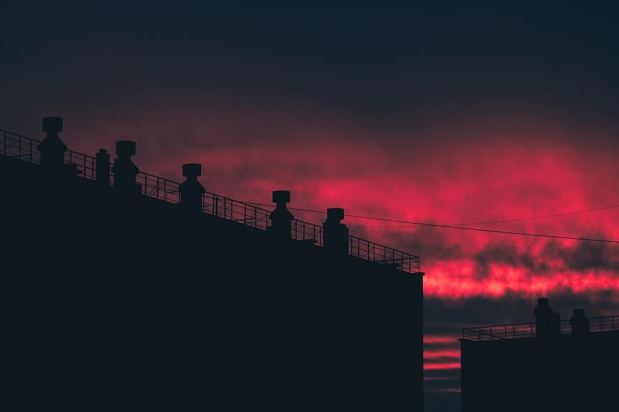tramonto, città, costruzione, silhouette, nuvole, cielo rosso, cielo, crepuscolo, sera, retroilluminato, uomini