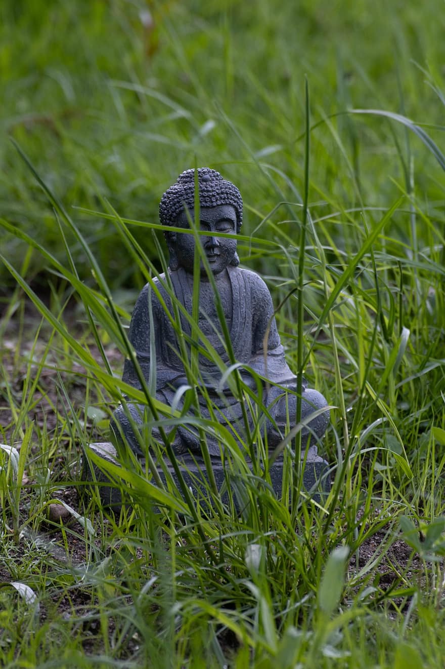 Buddha-Figur, Buddhismus, Buddha, buddhistische statue, Gras, Rasen, Hinterhof, Natur